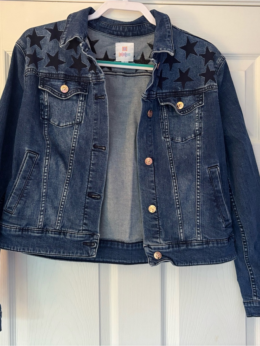 LuLaRoe Dark Blue Denim Jacket with Black Star Yoke
